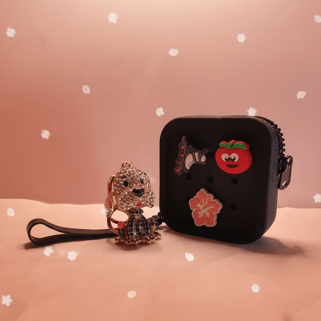 Ugochi pink rhinestone dog keychain and matching crystal coin purse set by GrinSquid