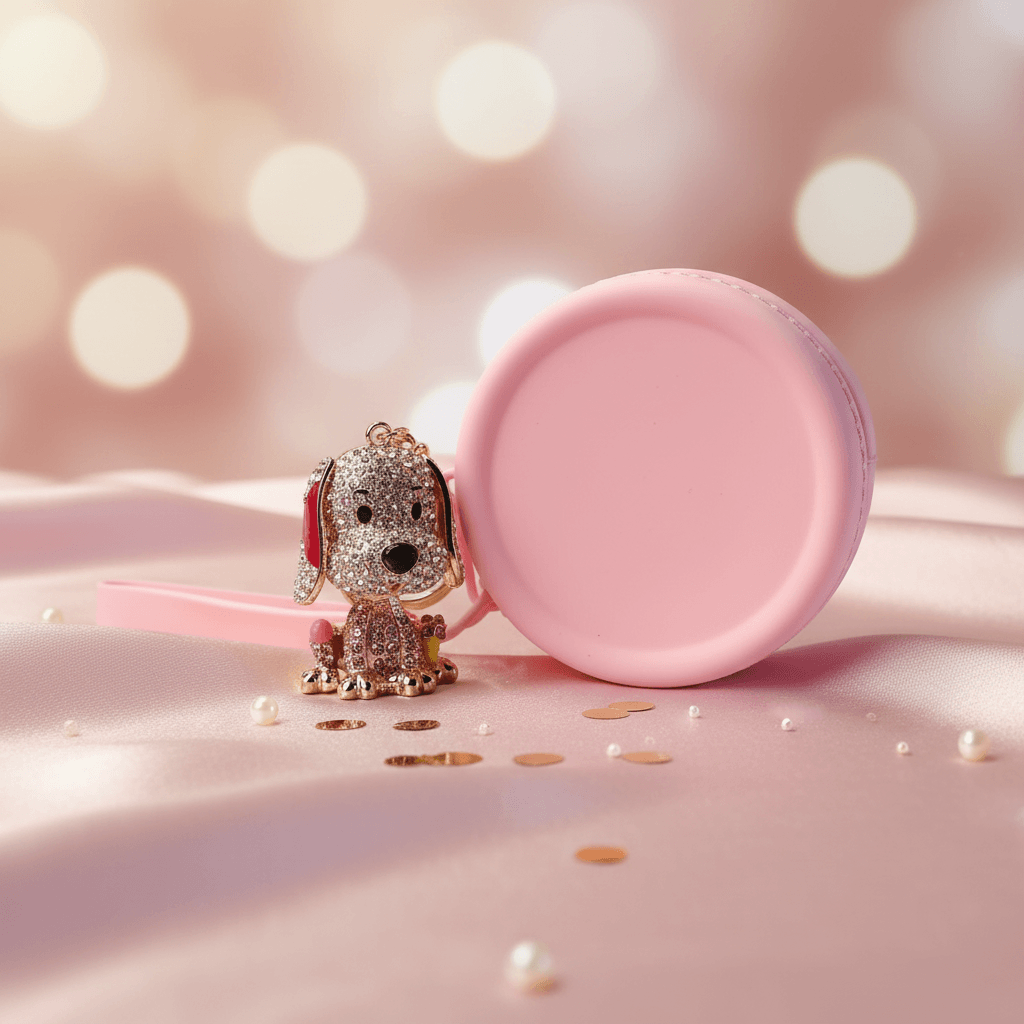Ugochi pink glass rhinestone dog keychain and matching 9cm zip coin purse set by GrinSquid