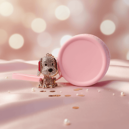 Ugochi pink glass rhinestone dog keychain and matching 9cm zip coin purse set by GrinSquid