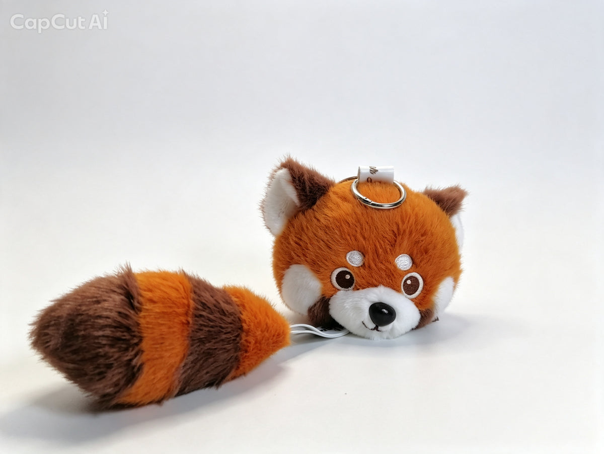 A plush red panda keychain or pouch charm with a metal key ring, shown on a clean white background. The red panda has orange and brown fur with white accents on its face and ears, and a matching orange and brown fluffy tail.