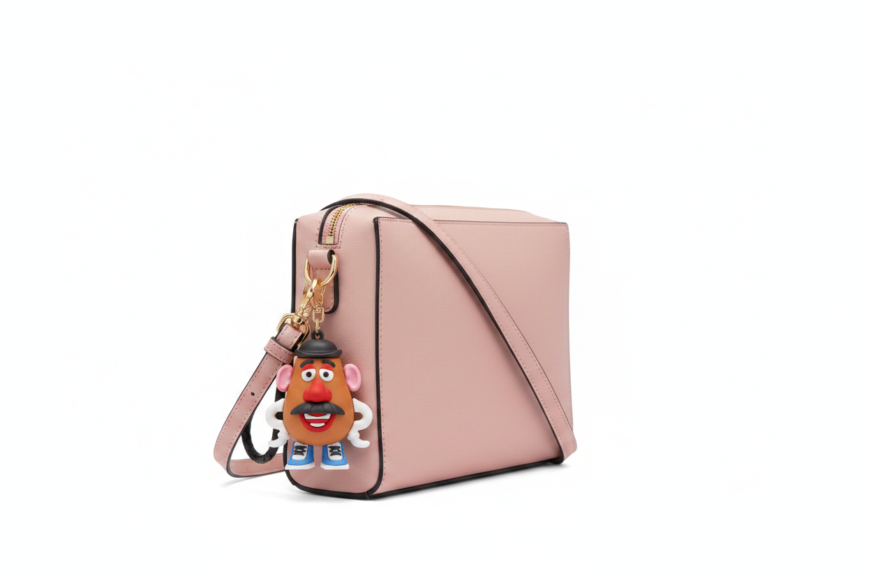 Mr. Potato Head keychain on pale pink crossbody bag