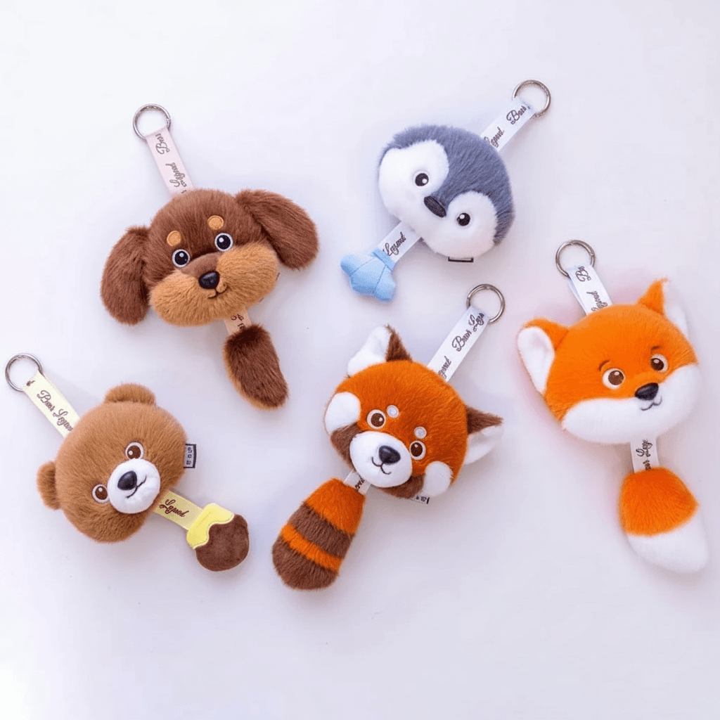 Five Nneka plush charms by GrinSquid — dog, bear, fox, penguin and red panda, shown together
