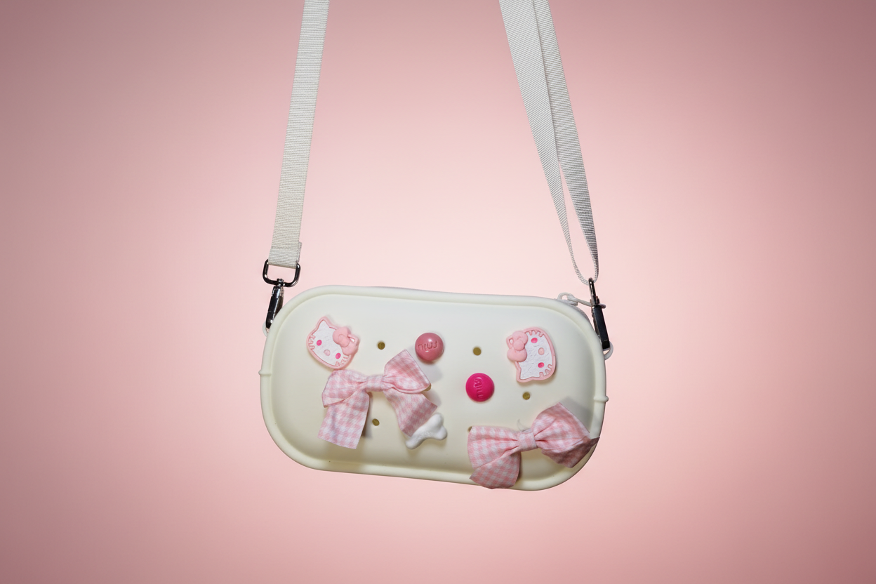 Small handbag with pink bows and buttons on a pink background