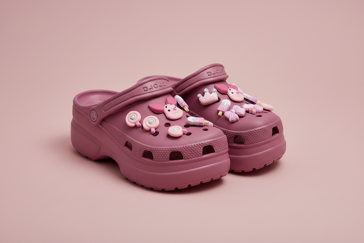 Pink Kawaii Jibbitz on Dark Pink Crocs - Dusty Pink Background