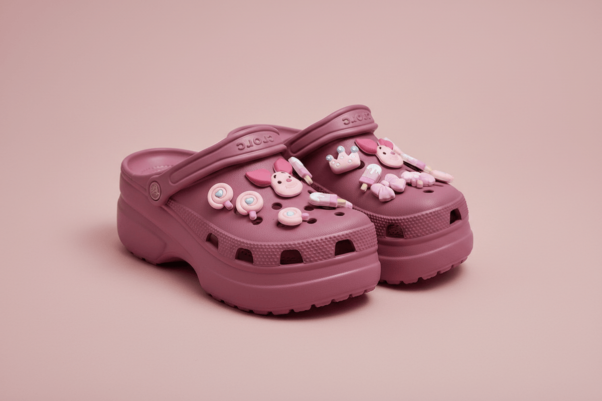 Pink kawaii shoe charms on dark pink clogs, dusty pink background