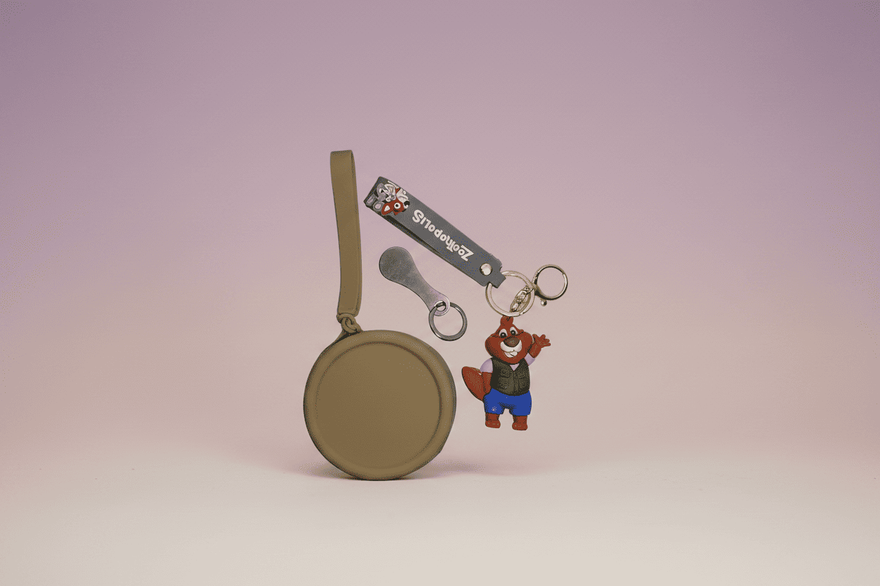 Round keychain with a cartoon character on a light purple background