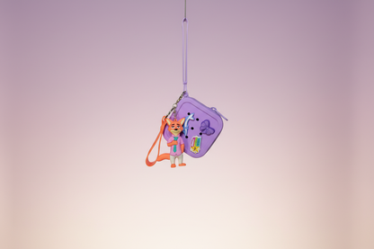 Small figurine with a purple backpack on a gradient background