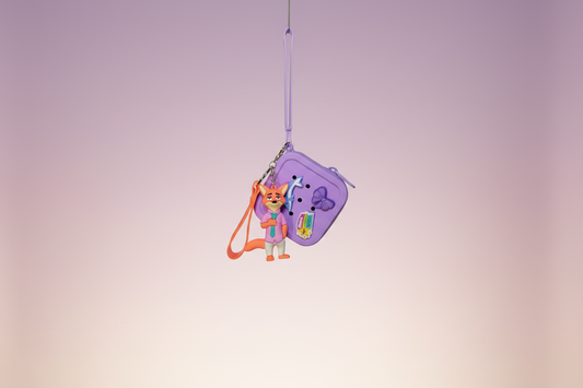 Small figurine with a purple backpack on a gradient background
