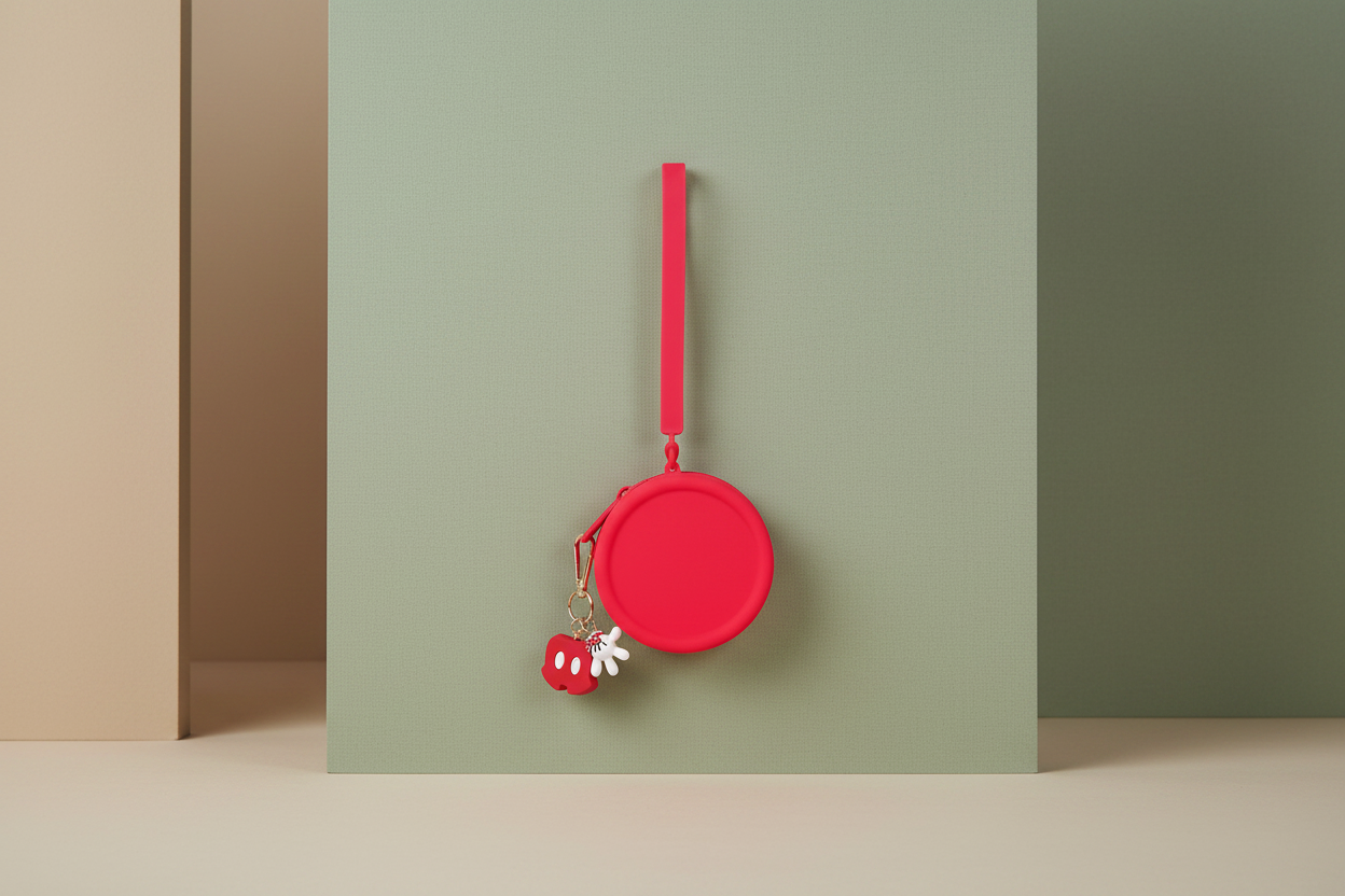 Red round pouch with a strap on a green background