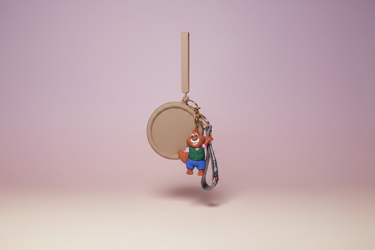 Keychain with a bear figure and round tag on a pink background