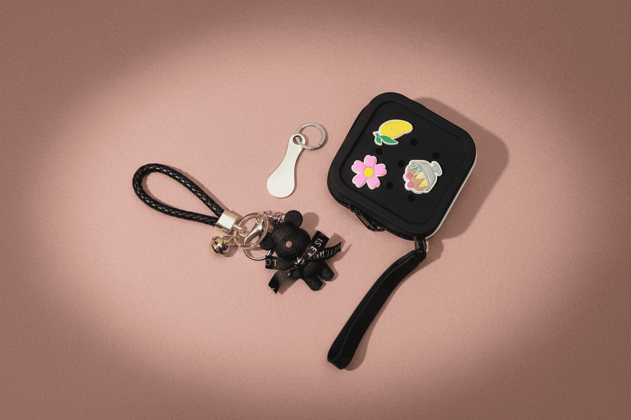 Kelechi black keychain and coin purse clipped to a work bag