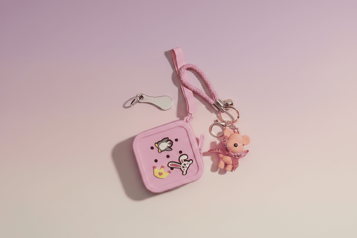 Pink keychain pouch with cartoon character charm on a pink background