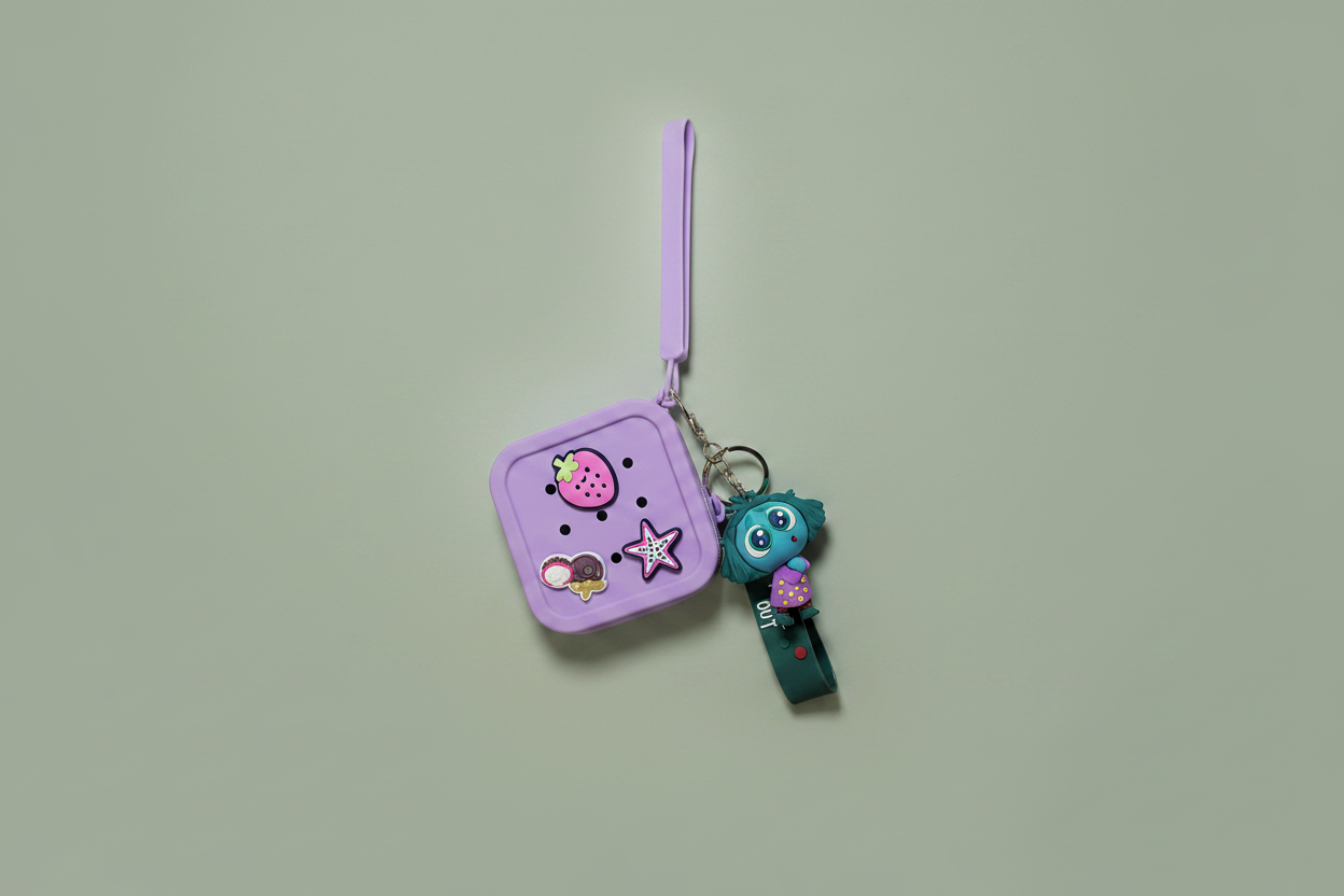 Purple pouch with cartoon character and keychain on a light green background