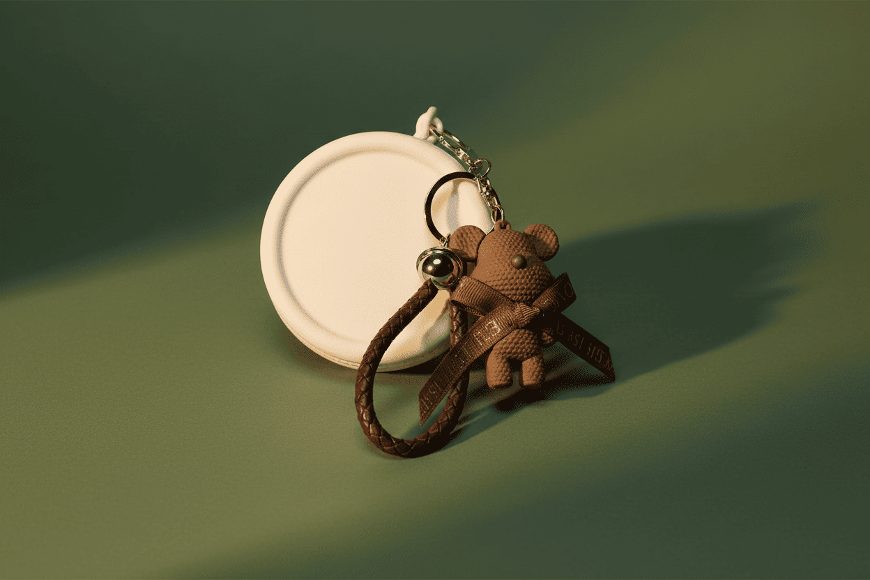 Brown teddy bear keychain on a green background