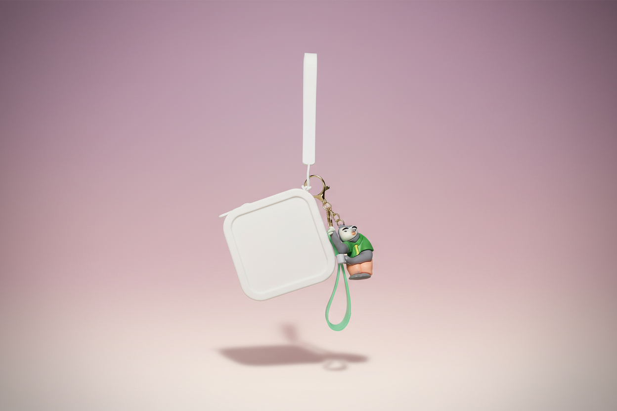 Small white pouch with a green strap and keychain on a pink background