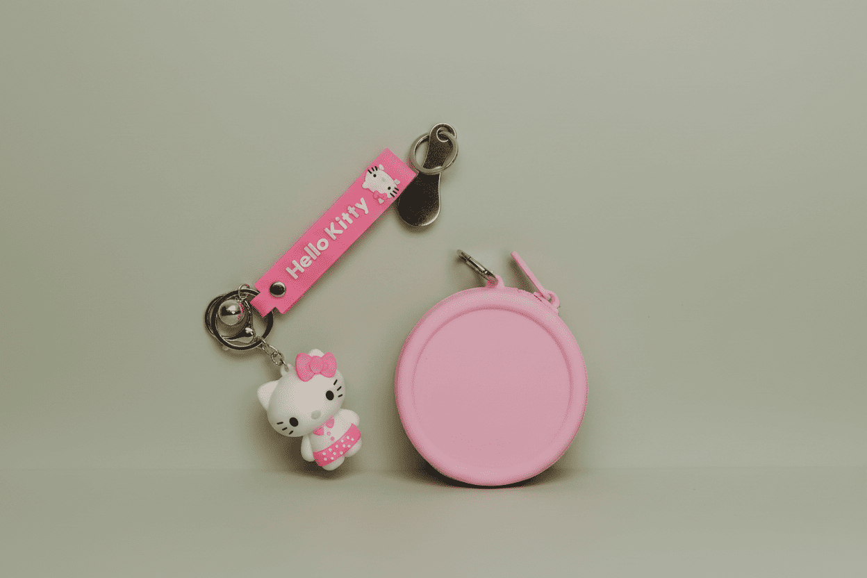 Pink Hello Kitty keychain and coin purse on a light gray background