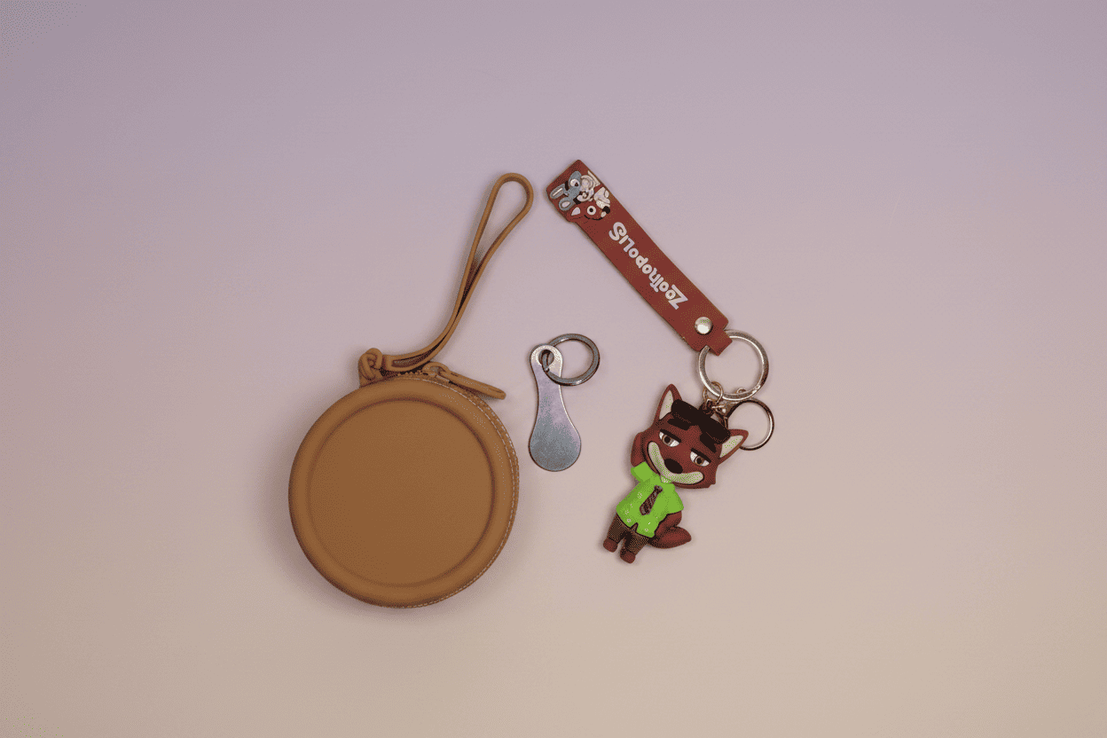 Round brown case, keychain with cartoon character, and metal key on a light pink background