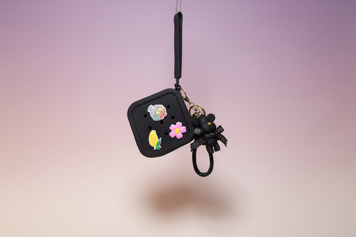 Black phone case with colorful stickers on a blurred pink and purple background