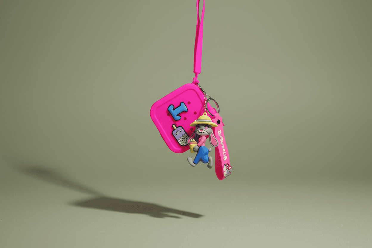 Pink keychain with cartoon character on a beige background