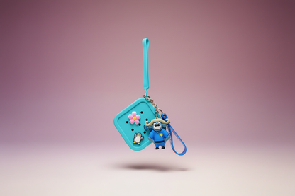 Blue keychain with cartoon character on a gradient background