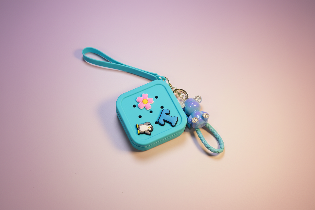 Turquoise pouch with decorative elements on a gradient background