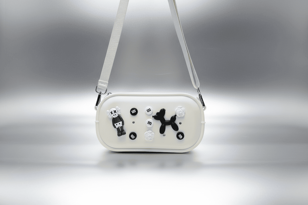 White handbag with black and white dog illustrations on a gray background