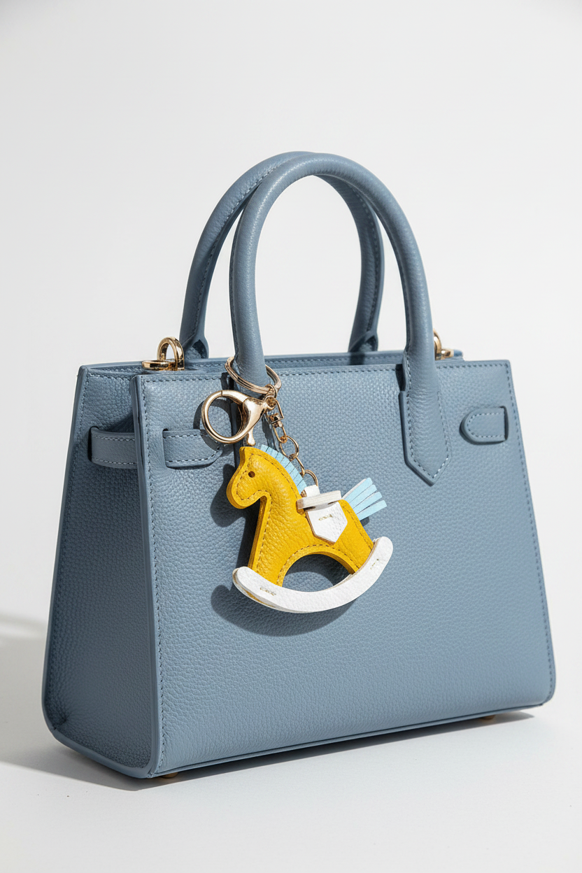 Yellow Rocking Horse Keychain on Powder Blue Bag