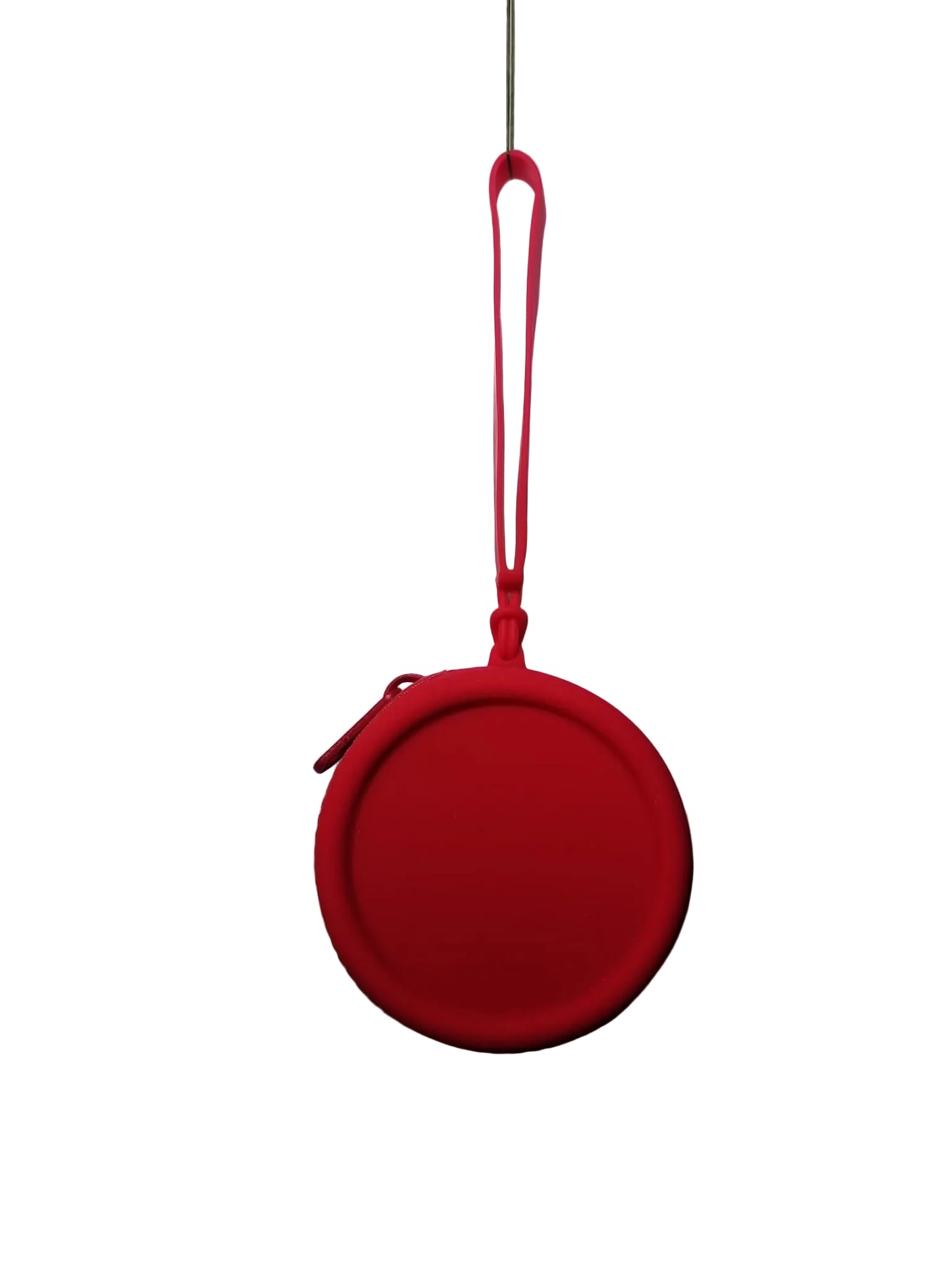 Red circular pouch with a handle on a white background