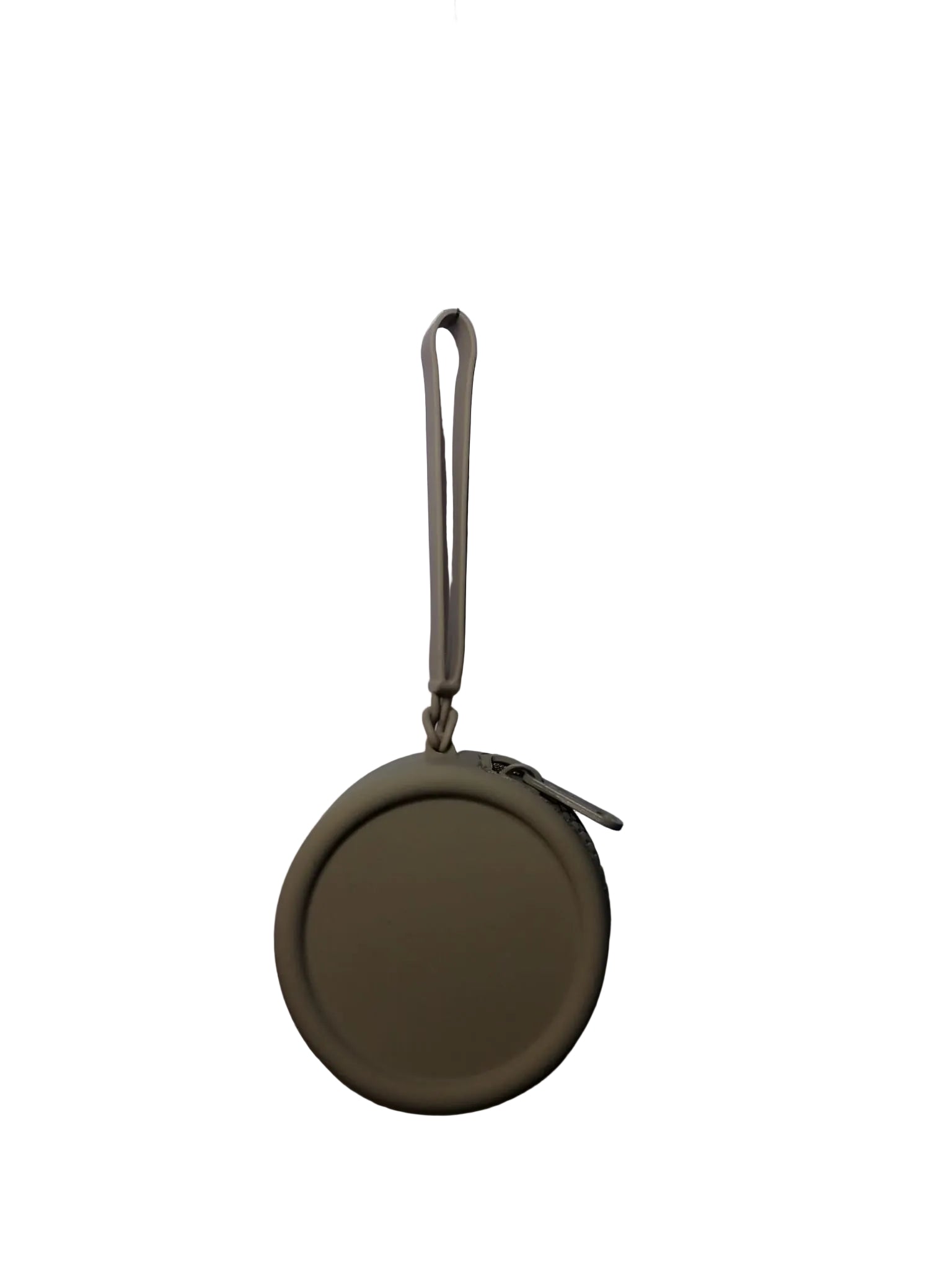 Beige round pouch with a handle on a light gray background