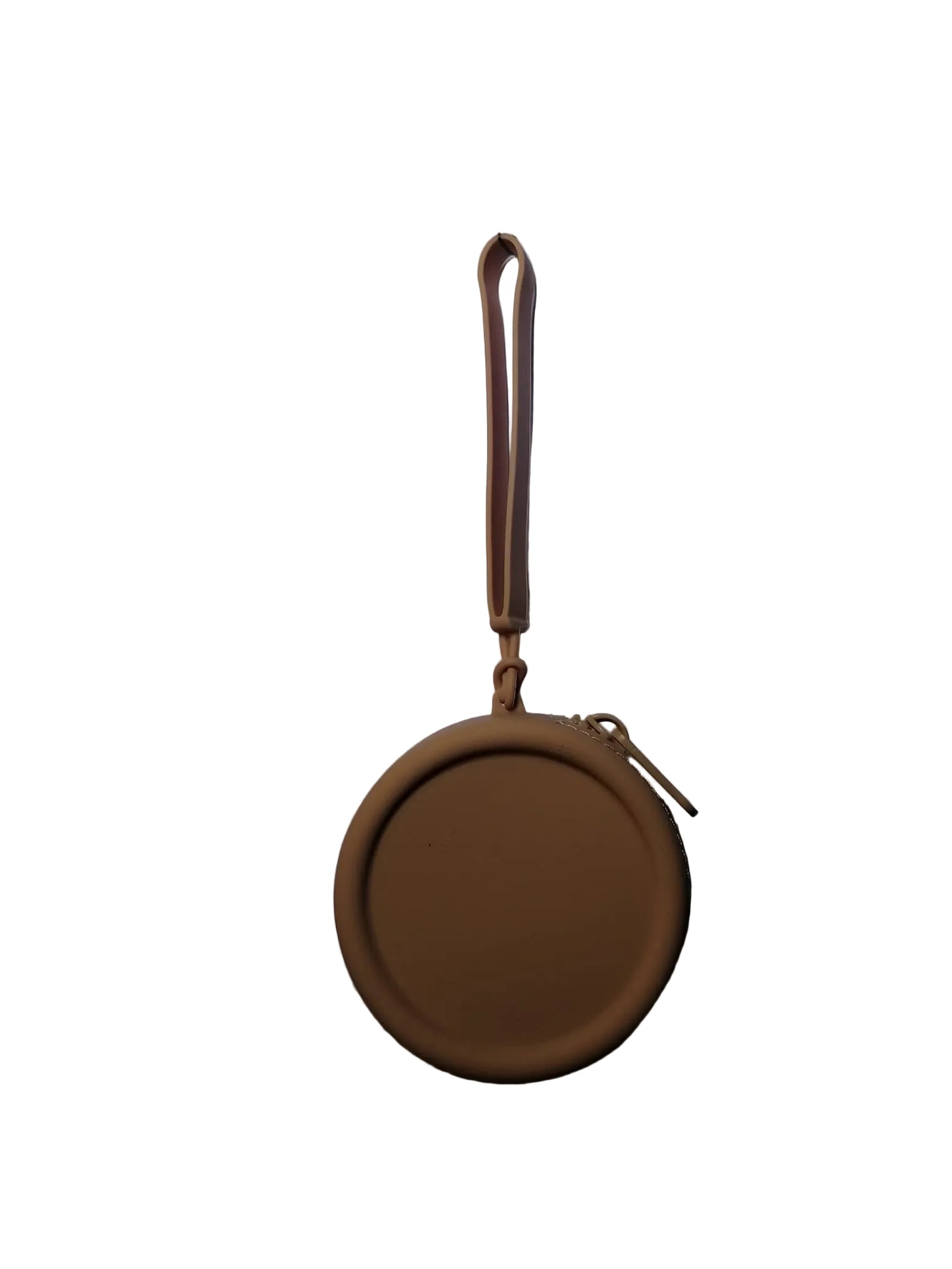 Brown circular pouch with a strap on a light gray background